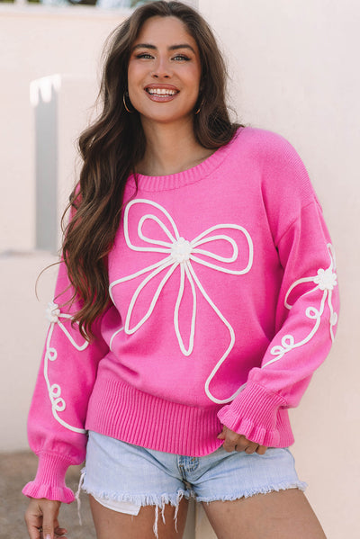 Corded Flower Bow Ribbed Trim Casual Sweater-0