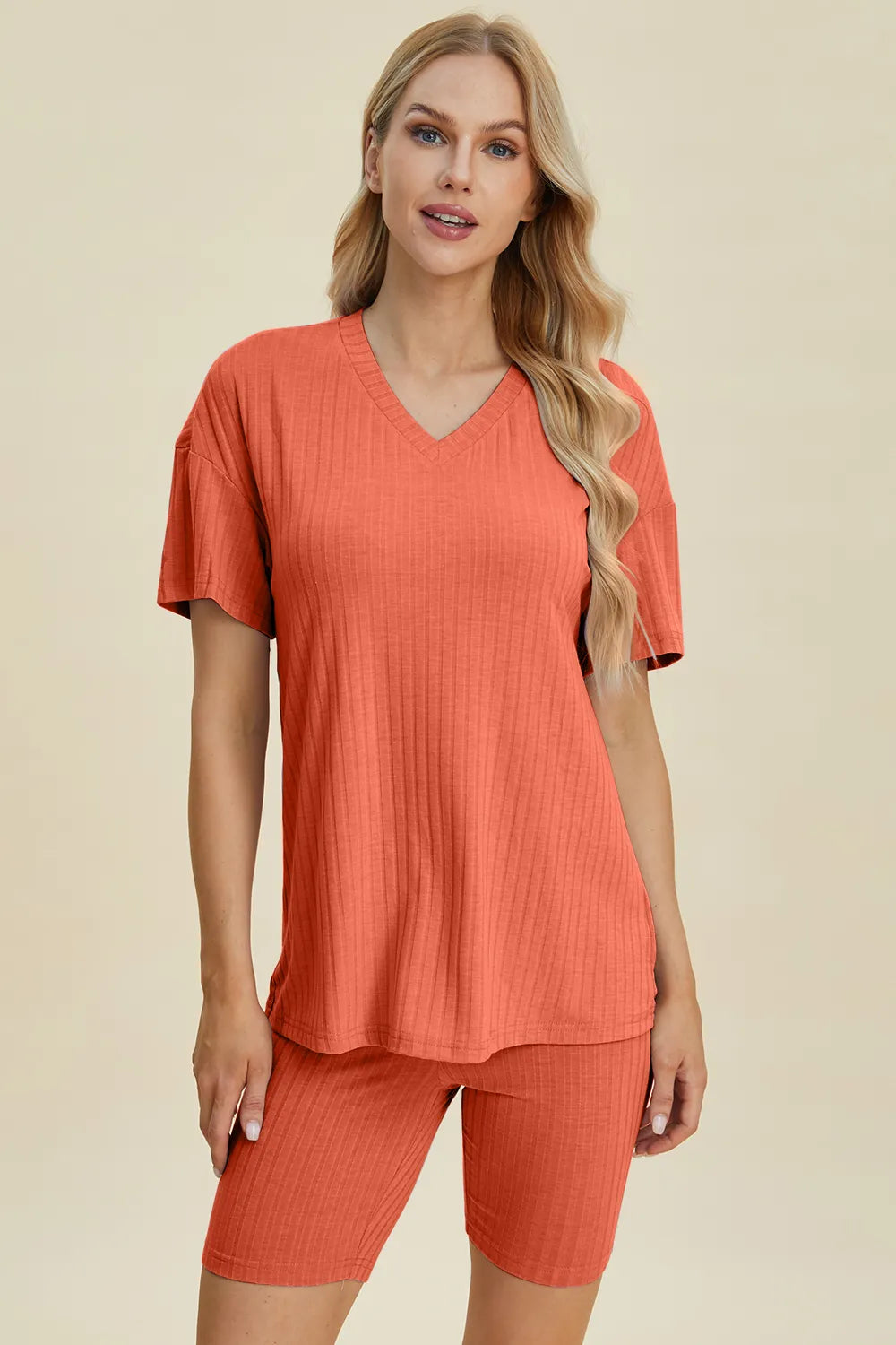 Ribbed V-Neck Short Sleeve Top and Shorts Set for Women