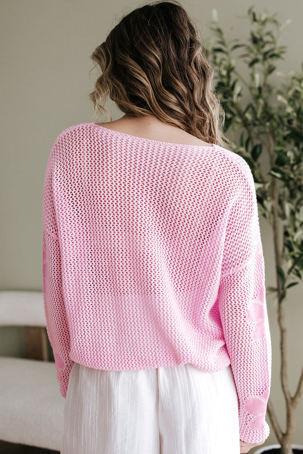 Dulce Big Flower Hollowed Knit Drop Shoulder Sweater-3