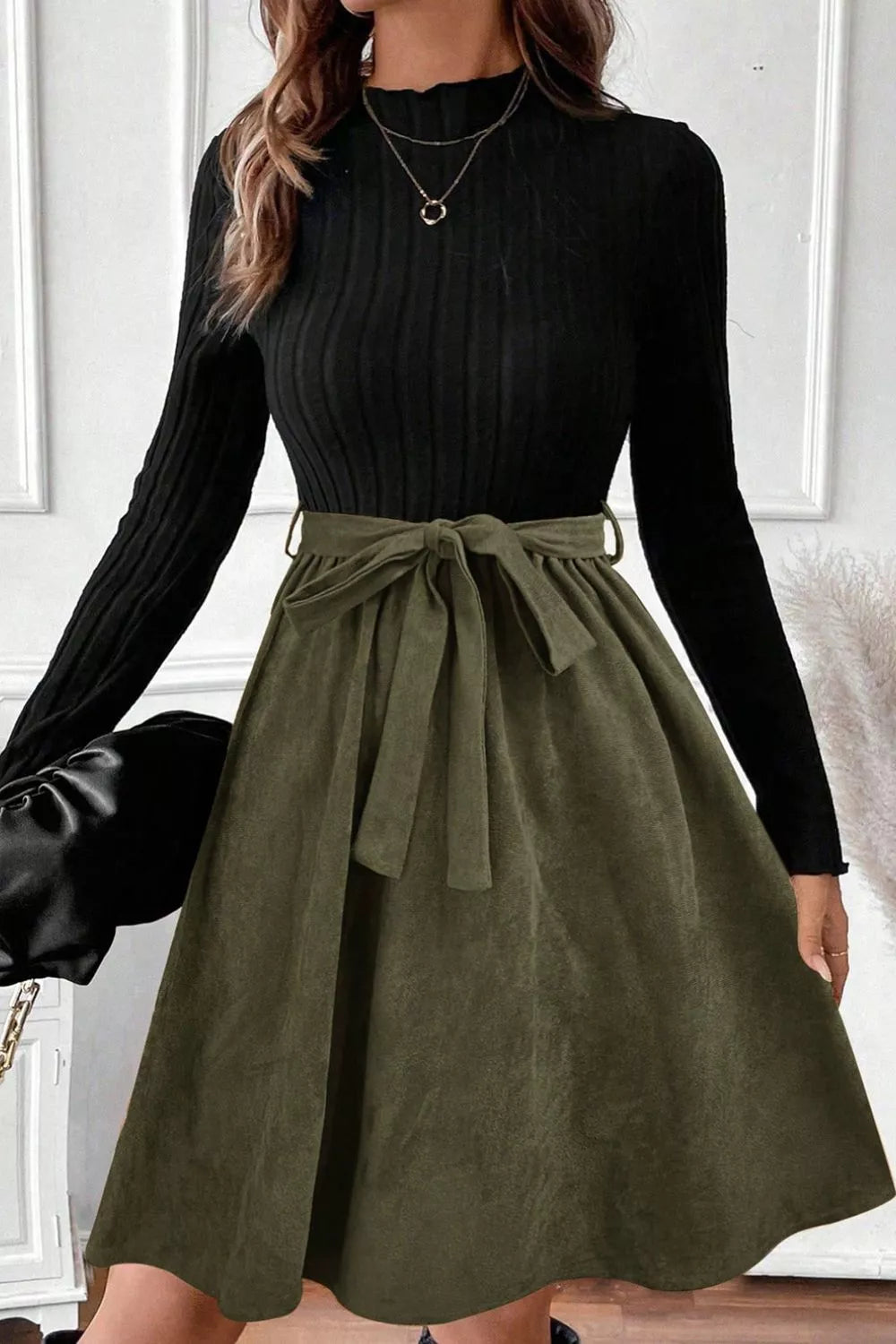 Ribbed Tie Waist A-Line Dress For Effortless Elegance
