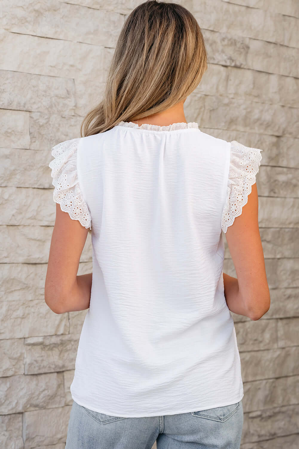 Embroidered Ruffle Trim Blouse - Elegant and Textured Feminine Style