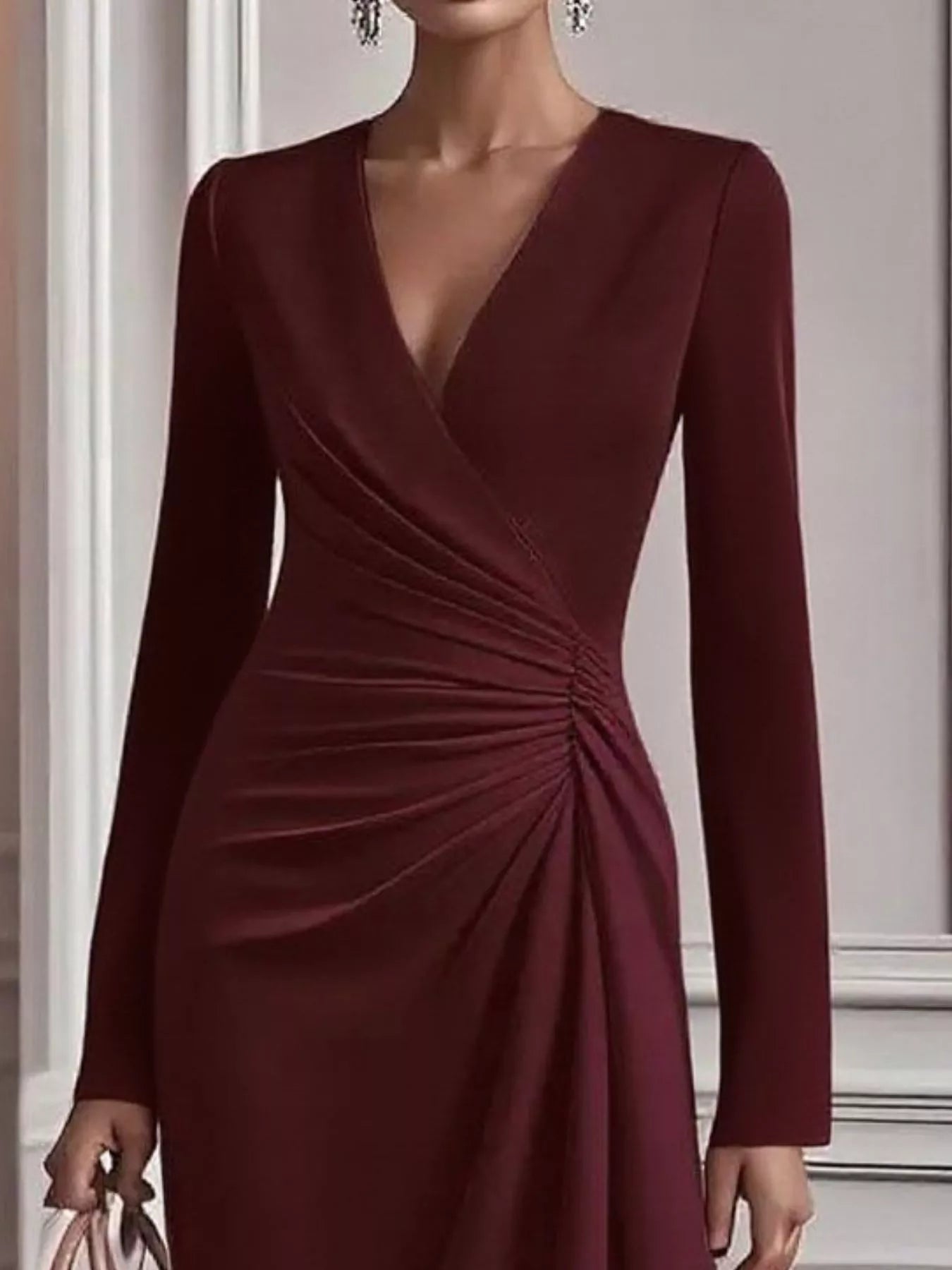 Ruched Surplice Long Sleeve Dress back view