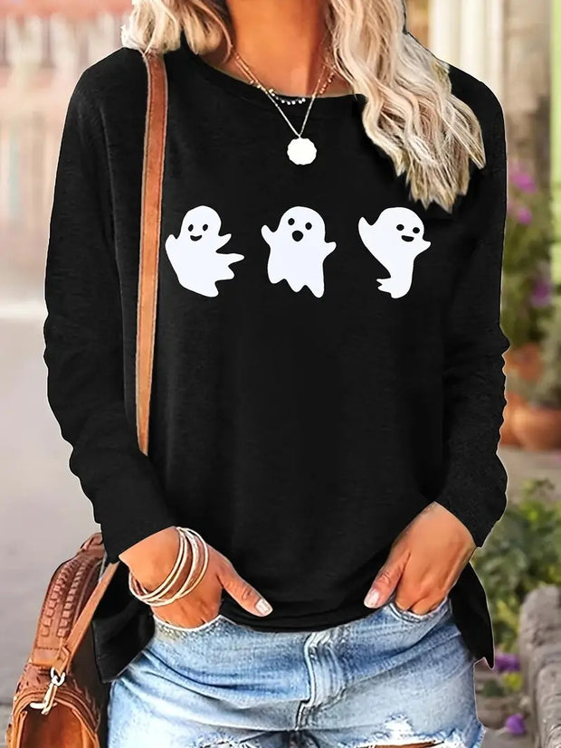 Halloween Pumpkin Pattern Round Neck Long-t-shirt