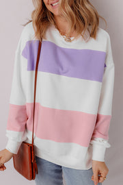 Beige Colorblock Patchwork Drop Shoulder Crewneck Sweatshirt-2