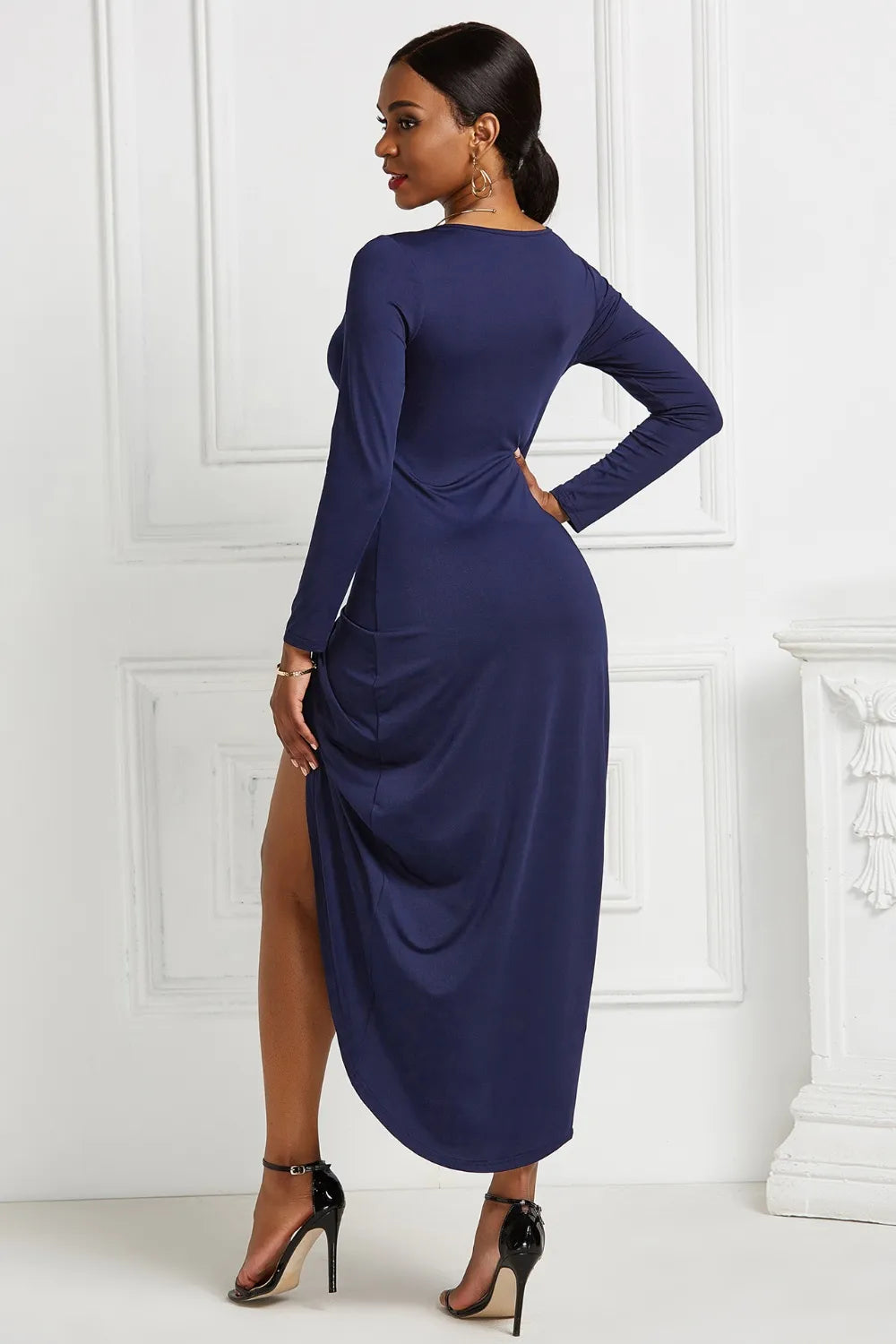 High-Low Ruched Surplice Long Sleeve Dress side view