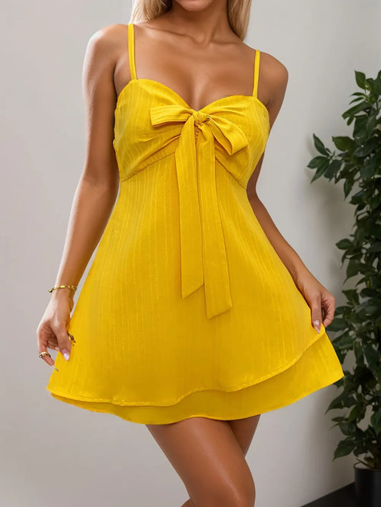  Layered Sweetheart Neck Bow Front Mini Cami Dress Elegant Style