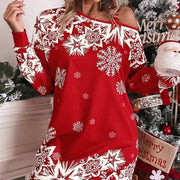 Christmas Snowflake Print Long Sleeve Sloping Shoulder Dress Women