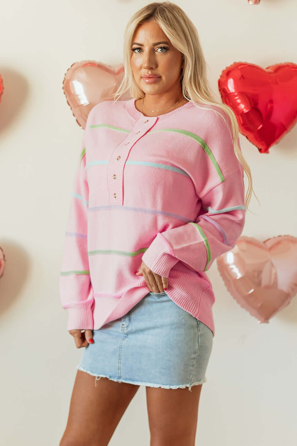 Rainbow Stripe Baggy Henley Sweater - Playful and Cozy Style