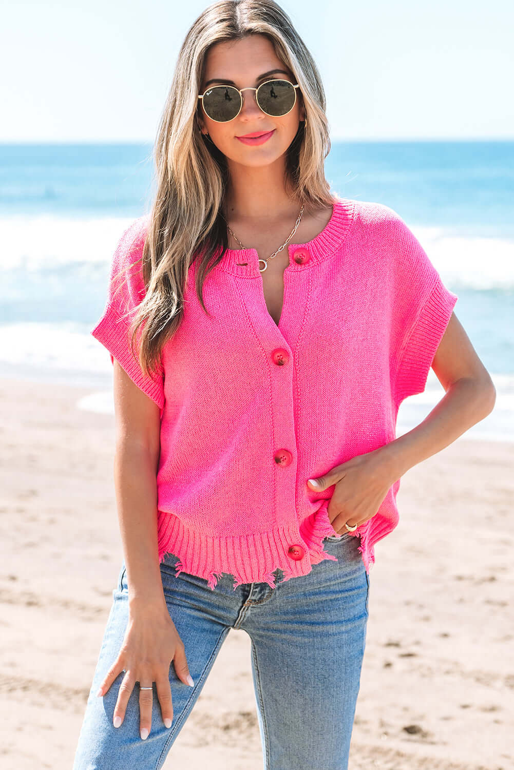  Distressed Hem Buttoned Sweater Tee with Boxy Fit Design