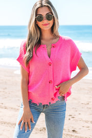 Janelle Distressed Hem Short Sleeve Button Sweater-0