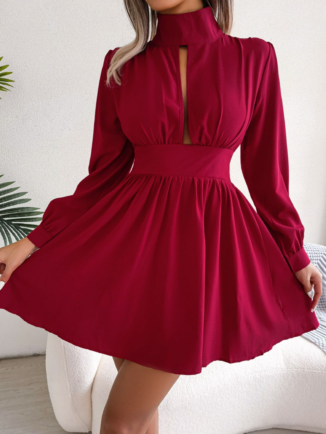  Keyhole A Line Mini Dress Casual Long Sleeve Style