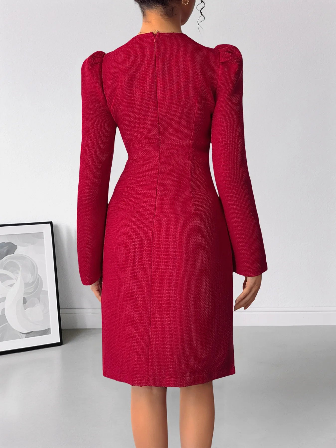  Pearl Trim V Neck Long Sleeve Bodycon Dress Elegant Fit