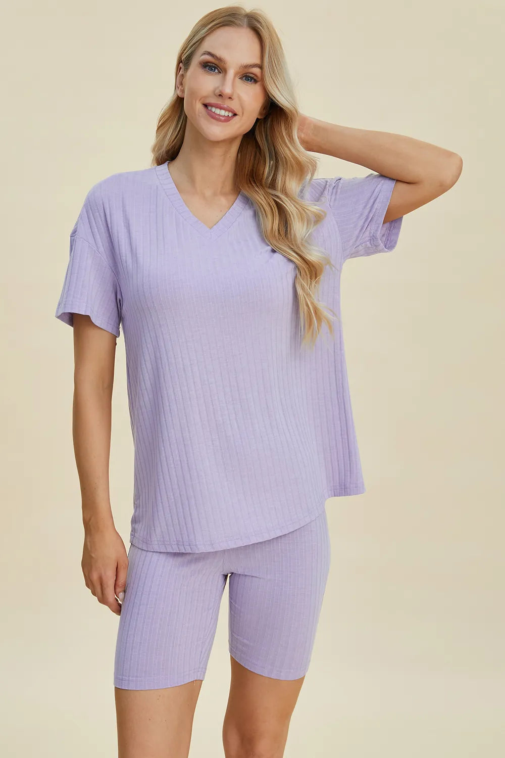 Ribbed V-Neck Short Sleeve Top and Shorts Set for Women