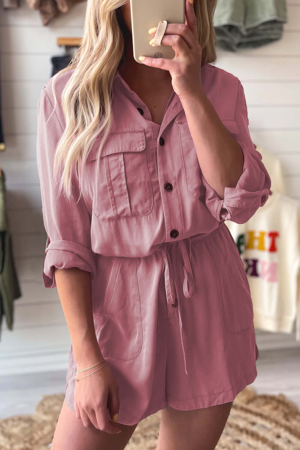 Women Playsuit - Button Front Drawstring Romper