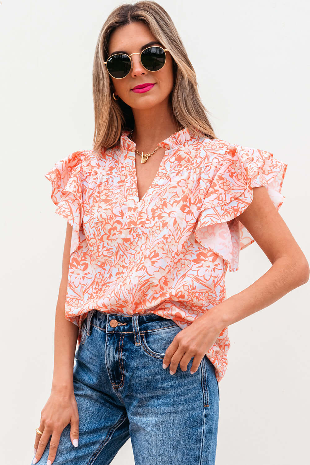 Floral Ruffle Sleeve Split Neck Blouse for Summer Style