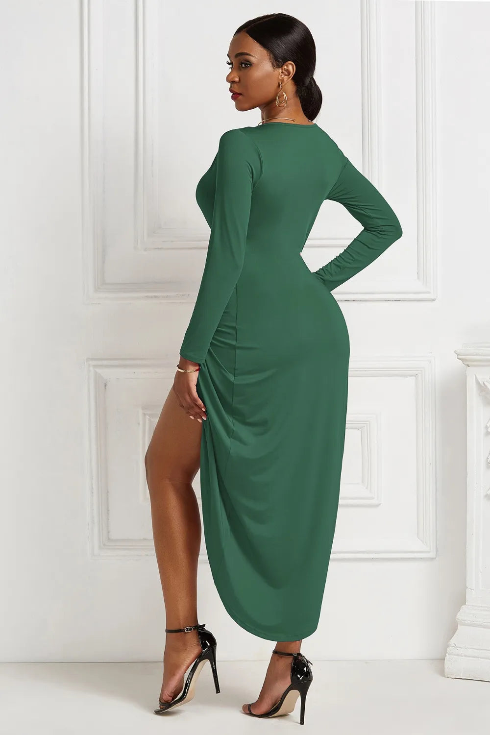 High-Low Ruched Surplice Long Sleeve Dress side view