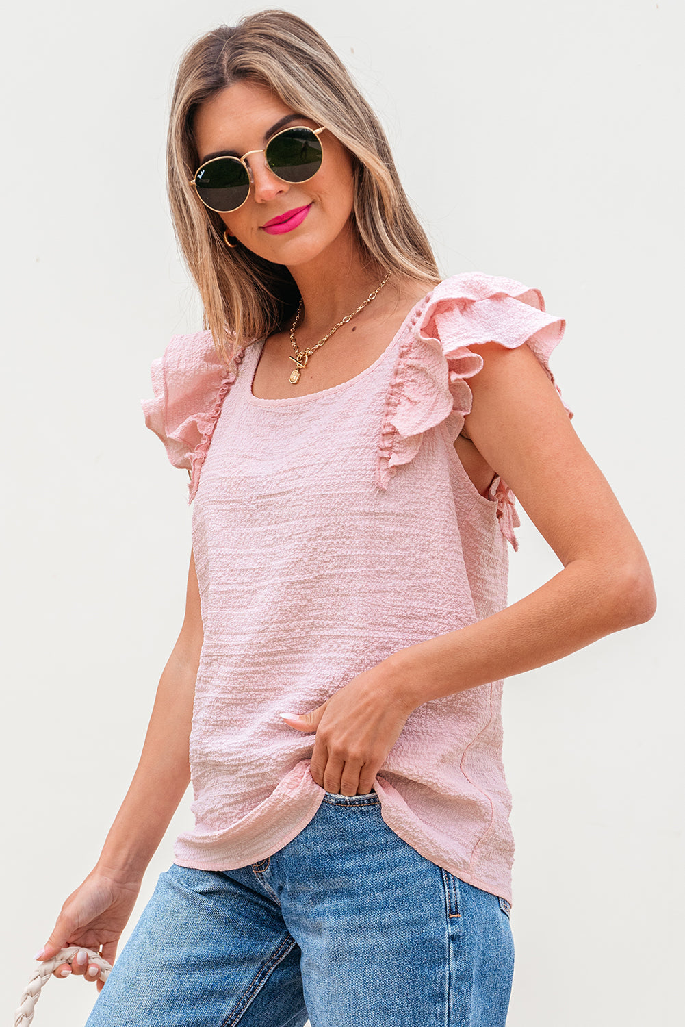 Butterfly Sleeve Bowknot Blouse – Elegant Textured Top for Women