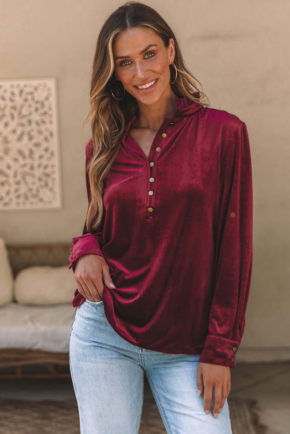  Velvet Frilly Neck Buttoned Top for Elegant Style
