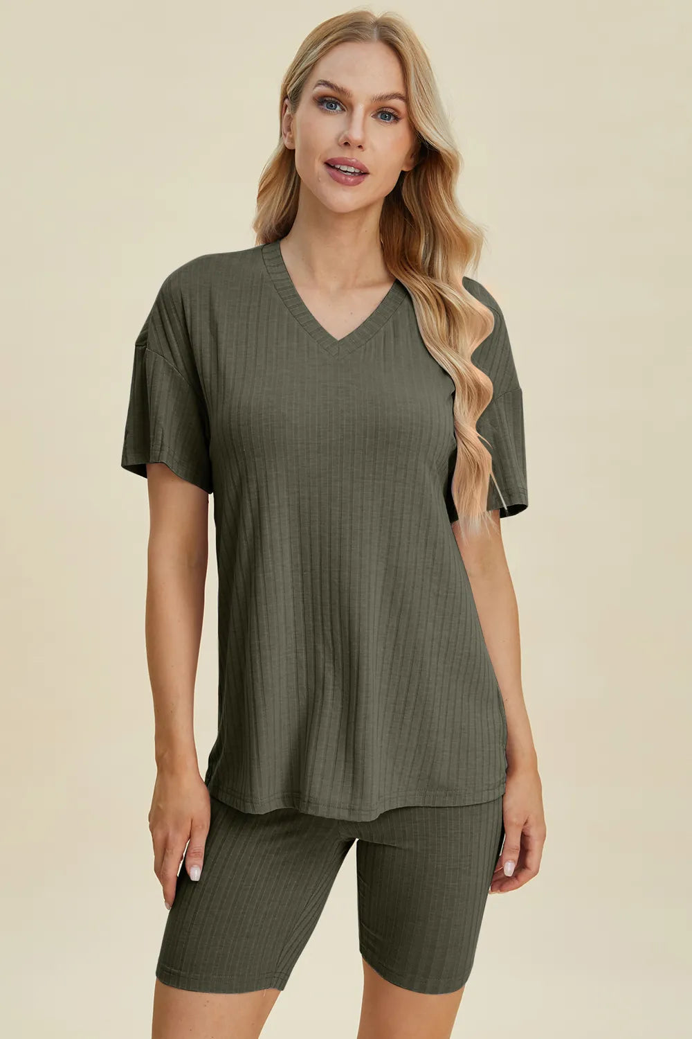 Ribbed V-Neck Short Sleeve Top and Shorts Set for Women