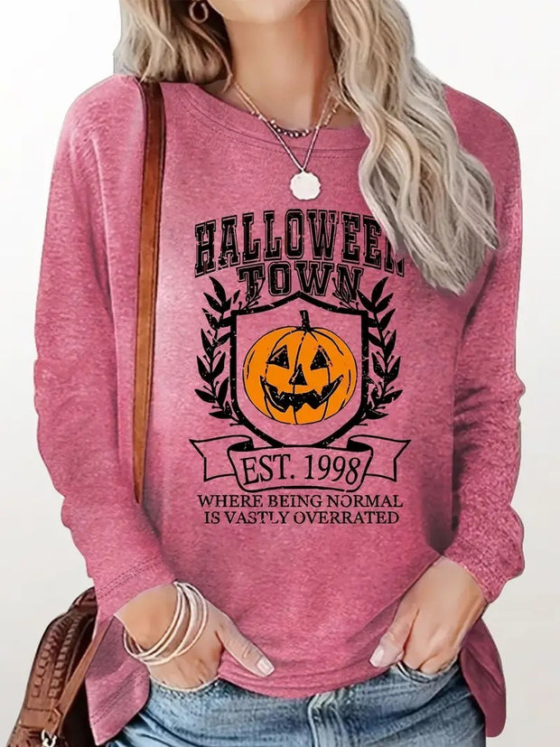 Halloween Pumpkin Pattern Round Neck Long-t-shirt