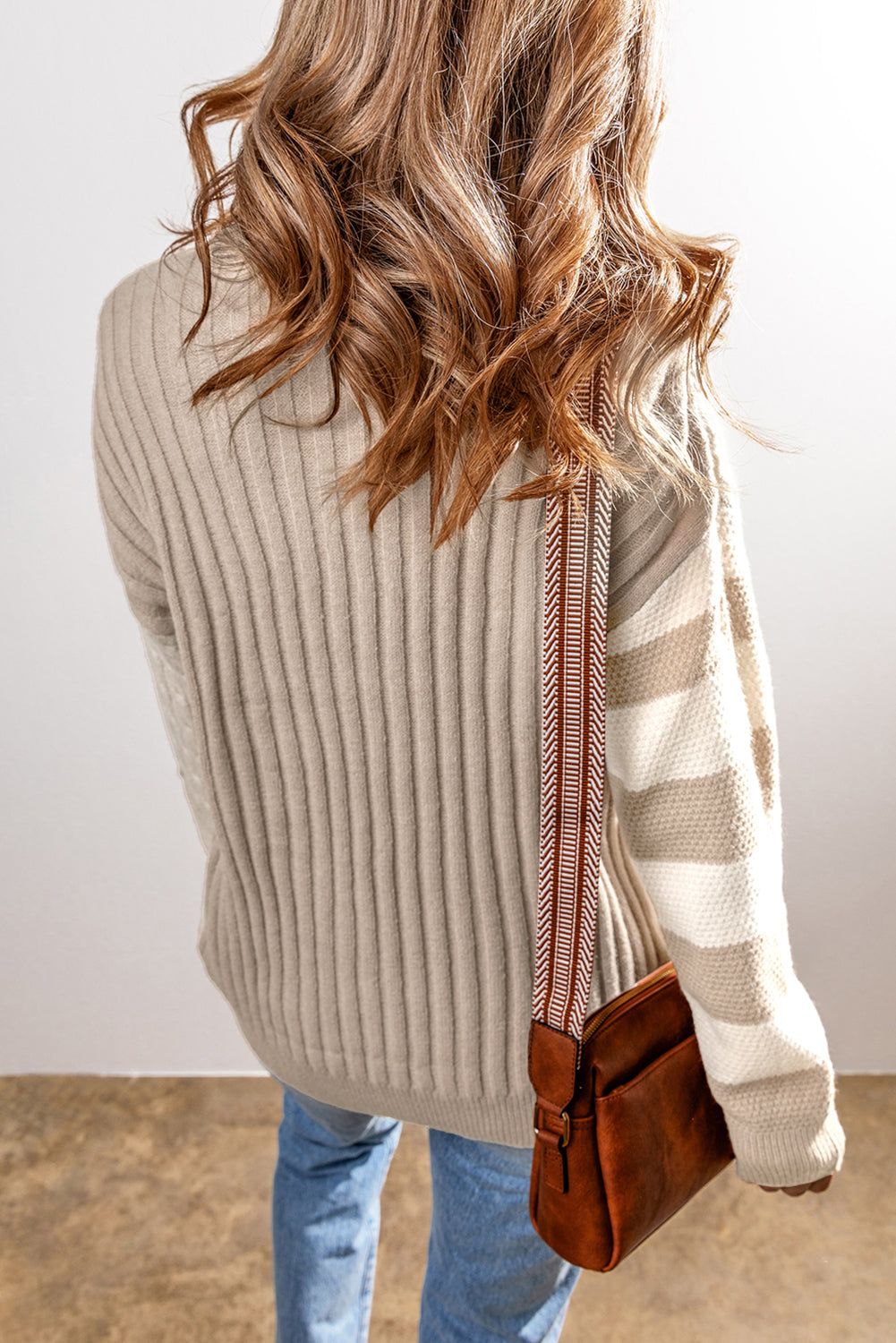 Color Block Cable Knit Sweater with Crew Neck Design