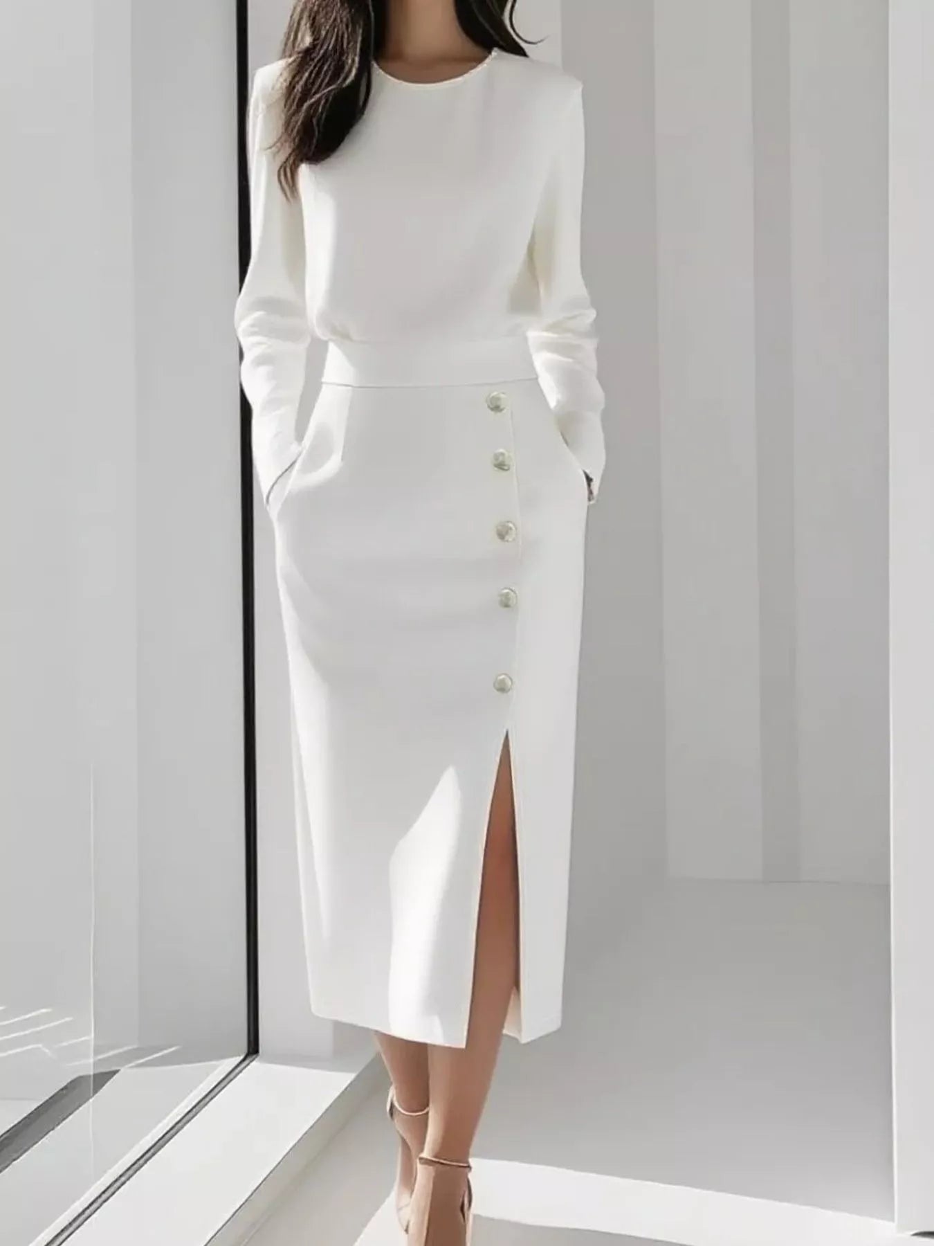 Long Sleeve Button Detail Midi Dress with Side Slit outfit inspiration