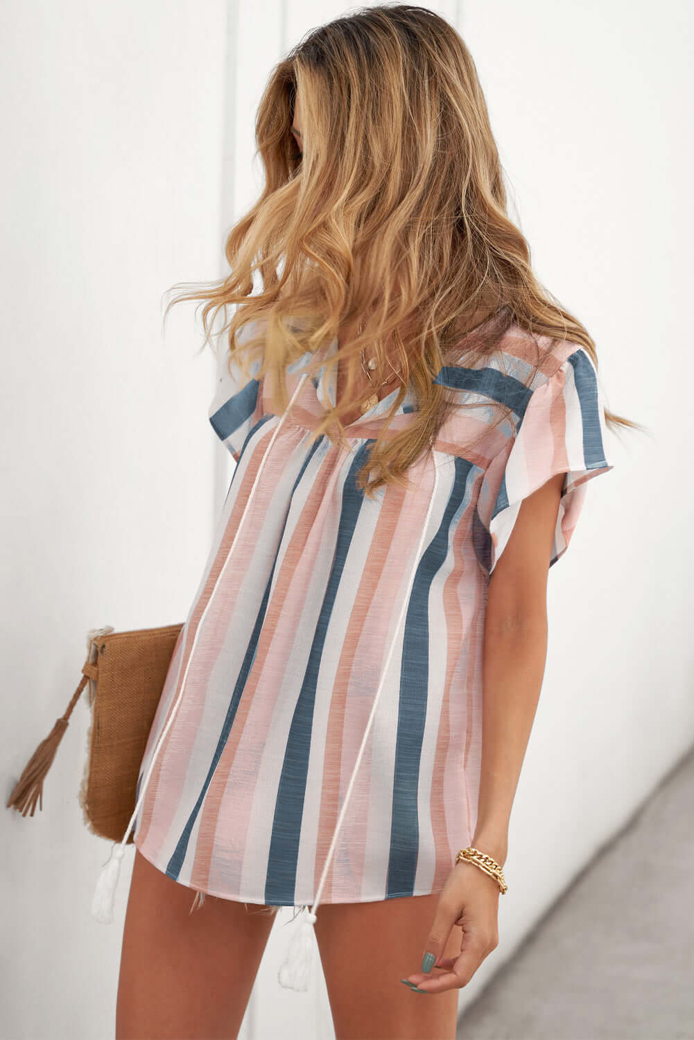 Striped ruffled short sleeves top