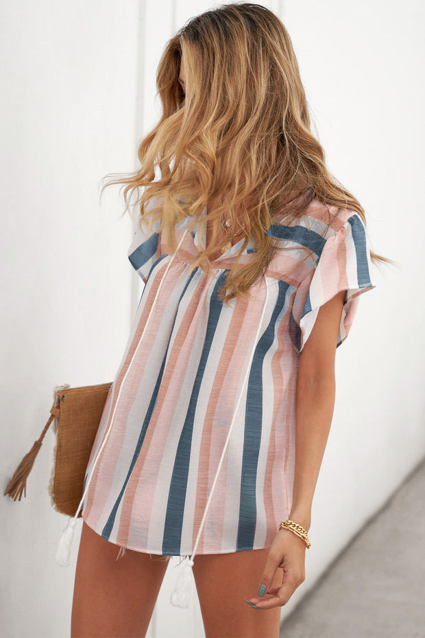 Arlette Split Neck Pleated Ruffled Short Sleeves Top-2