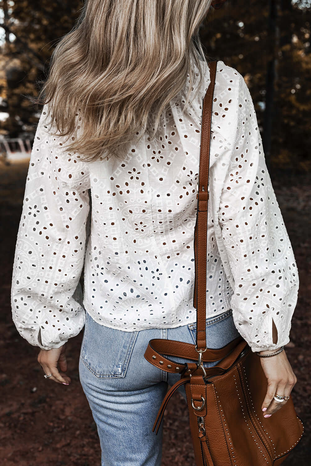 White Eyelet V Neck Puff Sleeve Blouse - Chic Cotton Top