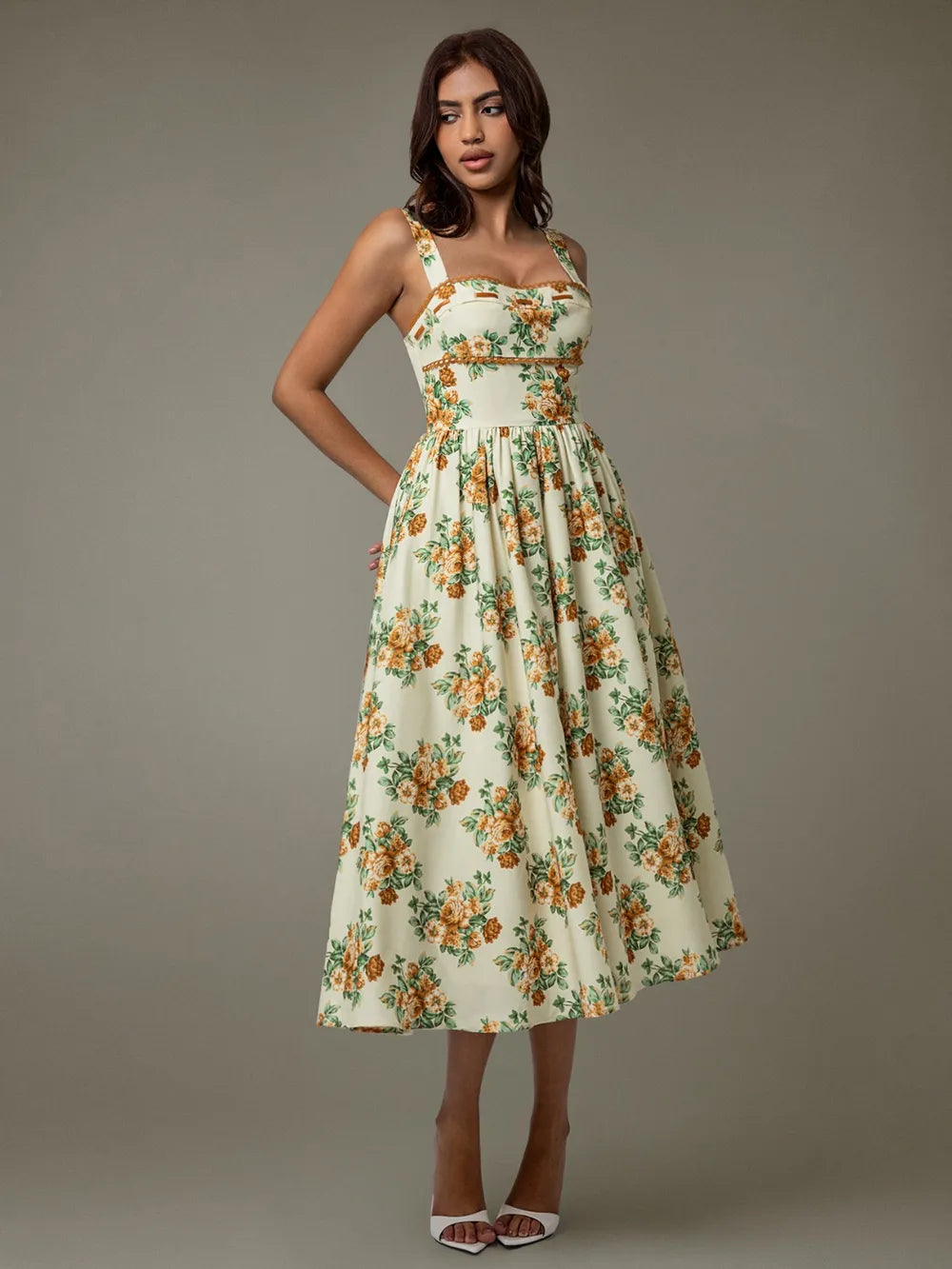 Lace Trim Floral Sleeveless Midi Dress side detail