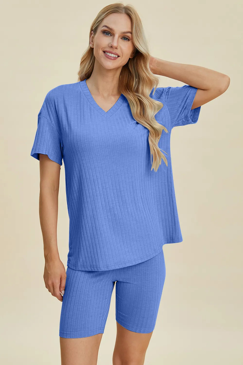Ribbed V-Neck Short Sleeve Top and Shorts Set for Women