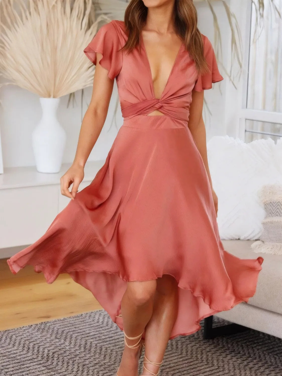 Front view of High-Low Plunge Flutter Sleeve Dress – elegant evening wear