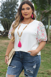 Kinslee Contrast Floral Puff Sleeve Ribbed Knit Plus Size Blouse-2