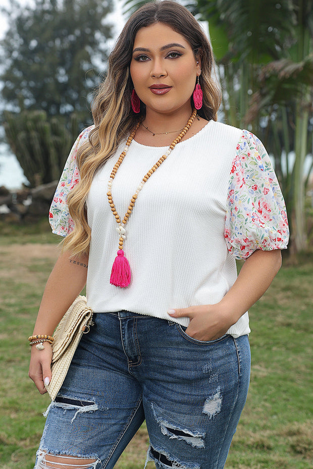 Kinslee Contrast Floral Puff Sleeve Ribbed Knit Plus Size Blouse-2