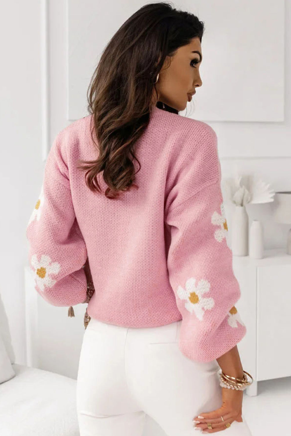 Floral Pattern Drop Shoulder Sweater With Cozy Knit