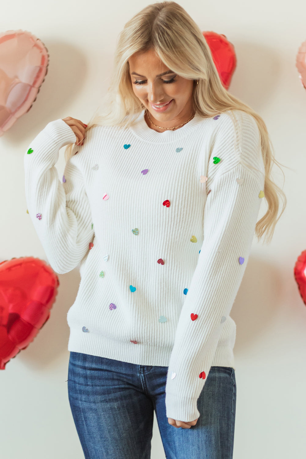 Sequin Heart Waffle Knit Sweater with Round Neck