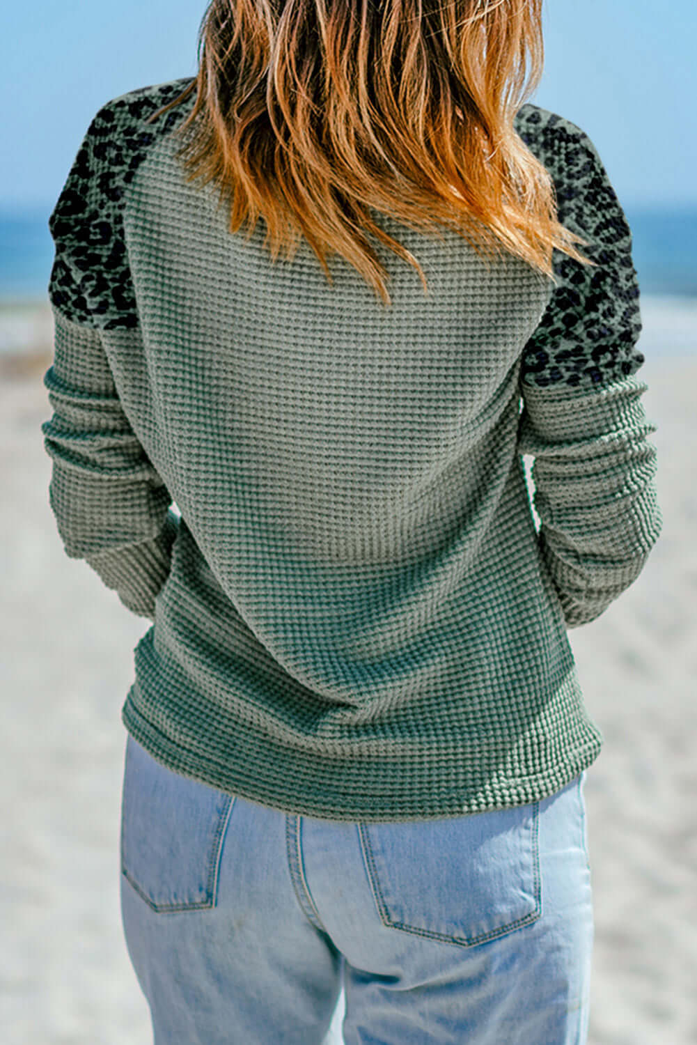  Leopard Print Waffle Knit Blouse with Buttoned V-Nec