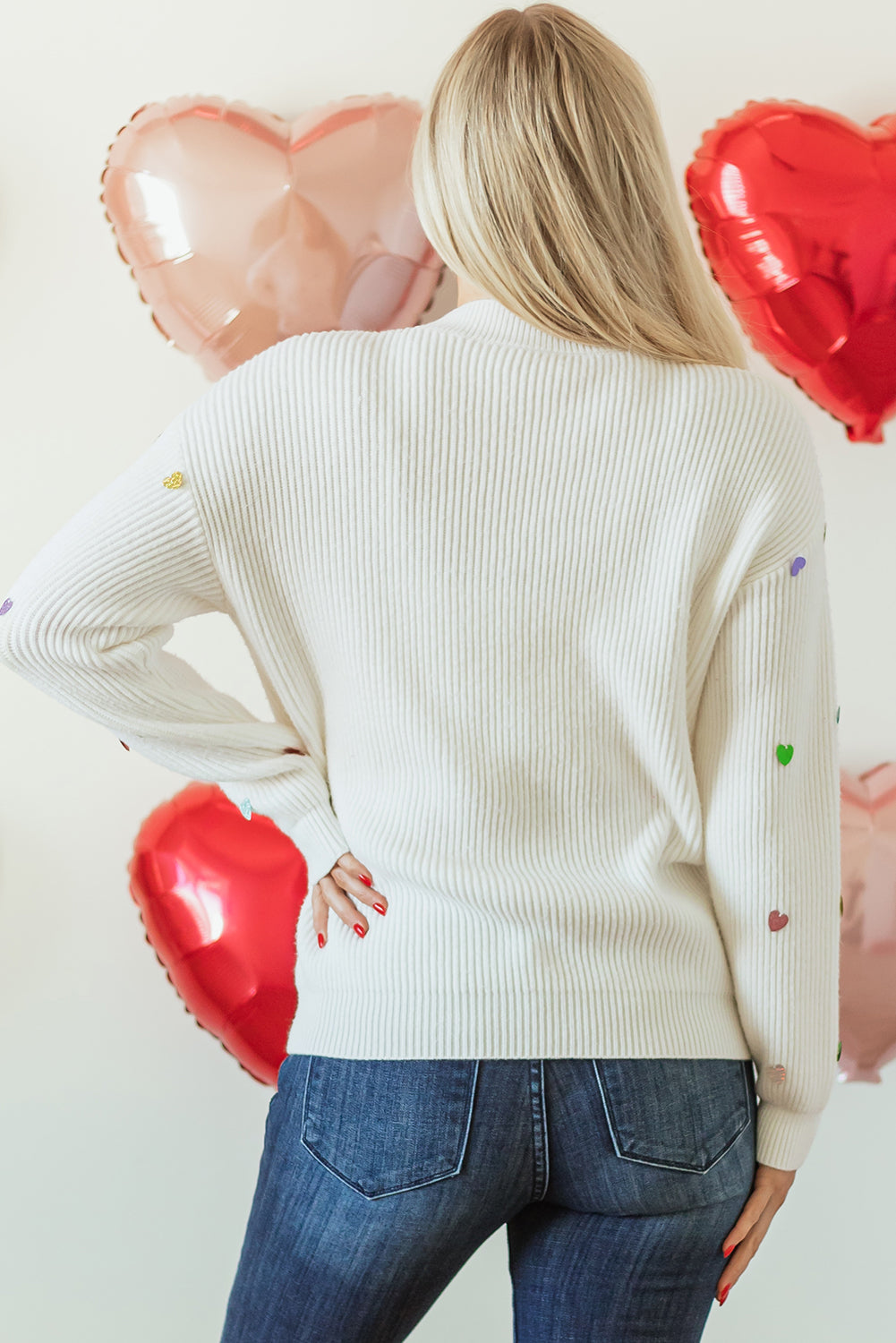 Sequin Heart Waffle Knit Sweater with Round Neck