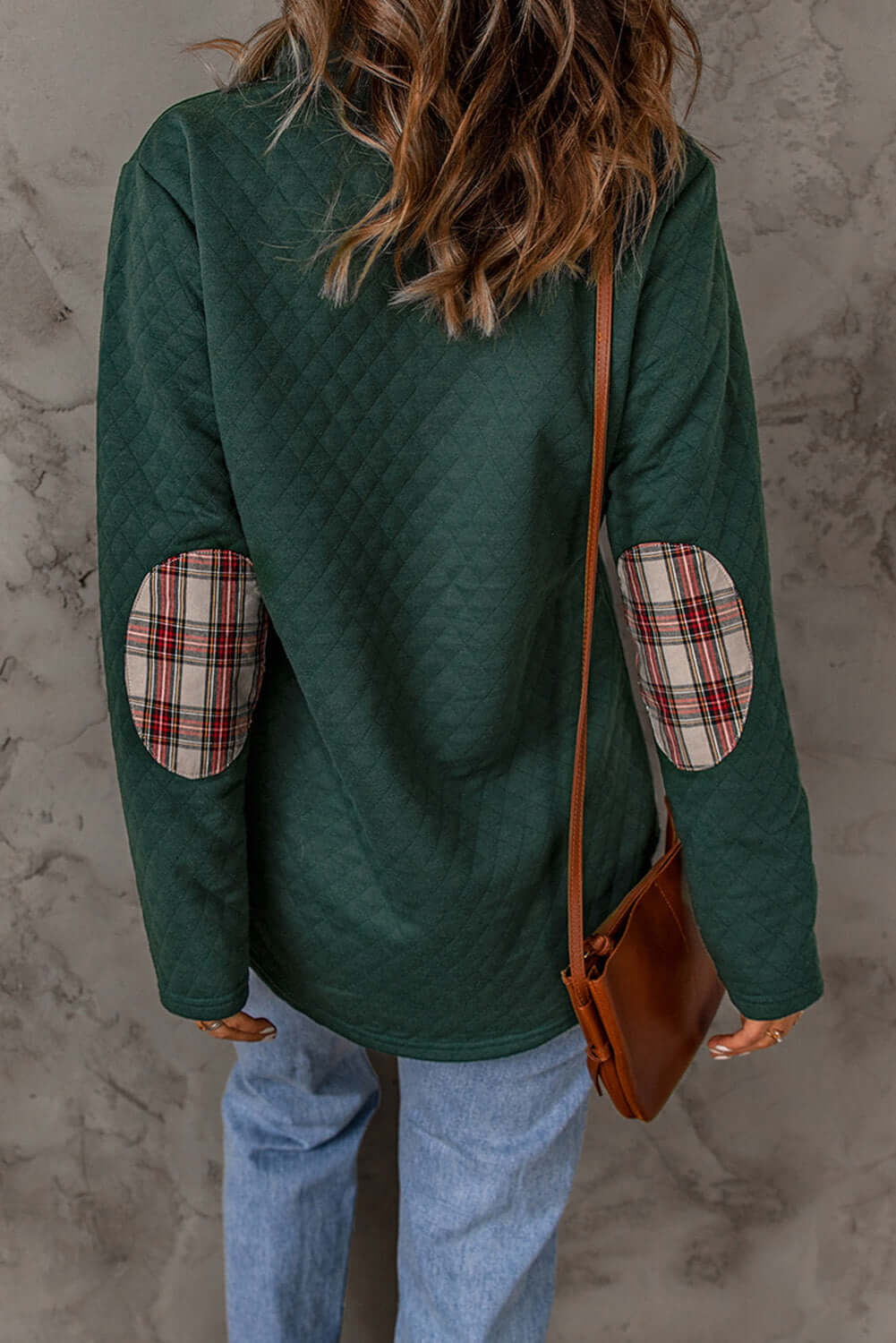 Plaid Trim Sweatshirt with Geometric Texture Design