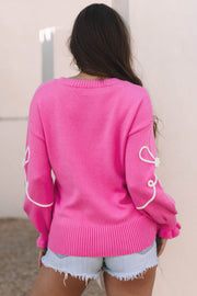 Corded Flower Bow Ribbed Trim Casual Sweater-1