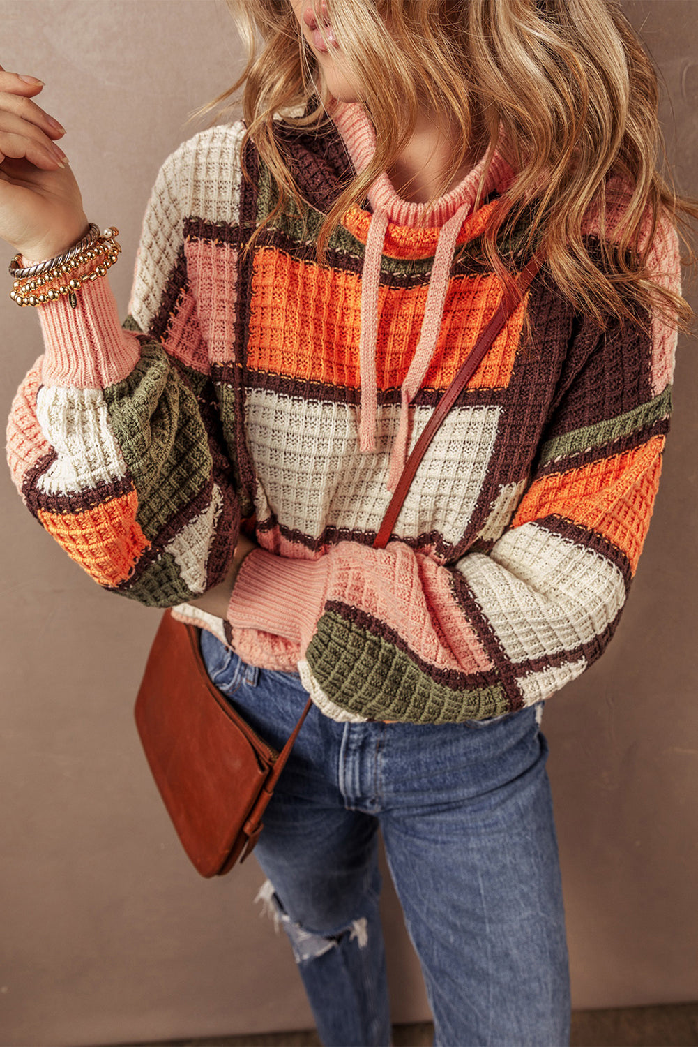 Color Block Sweater - Waffle Knit Mock Neck Style