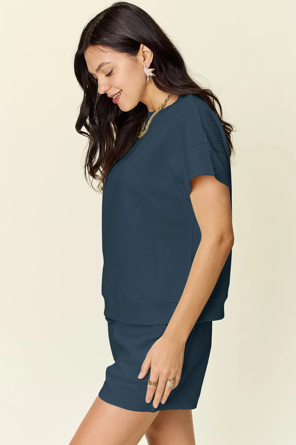 Full Size Texture T-Shirt and Shorts Set with Drawstring