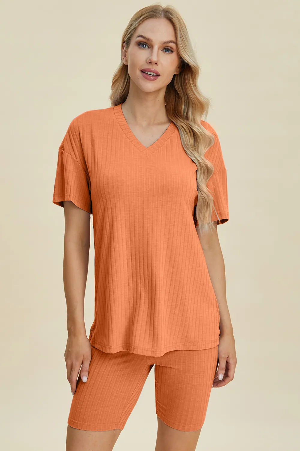 Ribbed V-Neck Short Sleeve Top and Shorts Set for Women