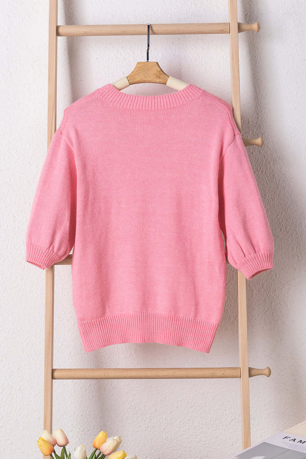 Mom Tinsel Short Sleeve Sweater With Chic Puff Sleeves