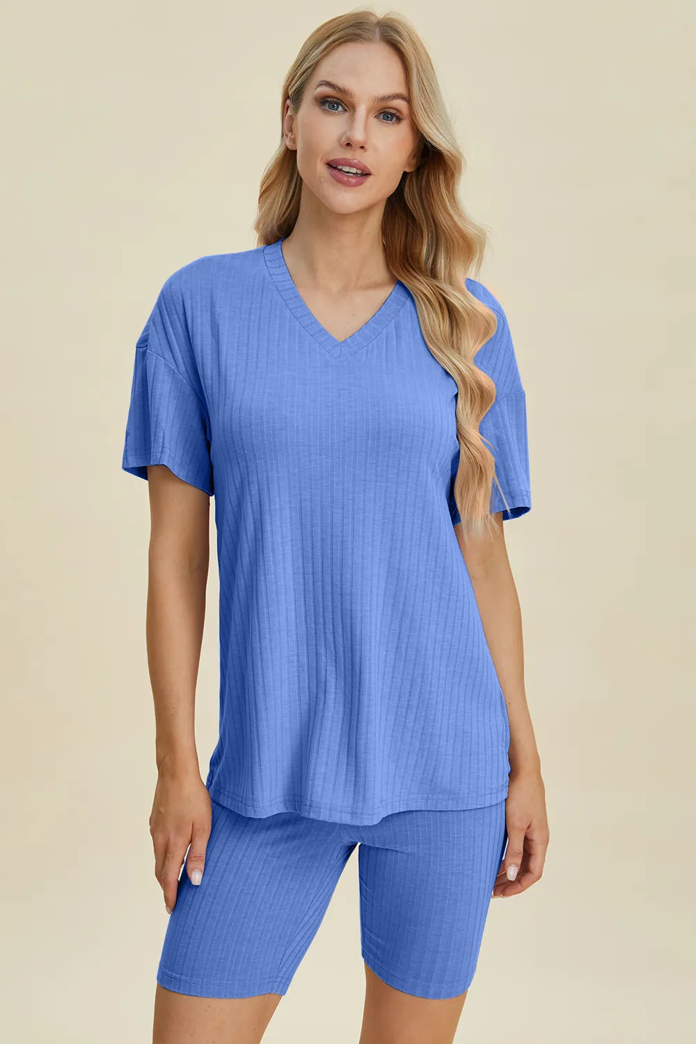 Ribbed V-Neck Short Sleeve Top and Shorts Set for Women
