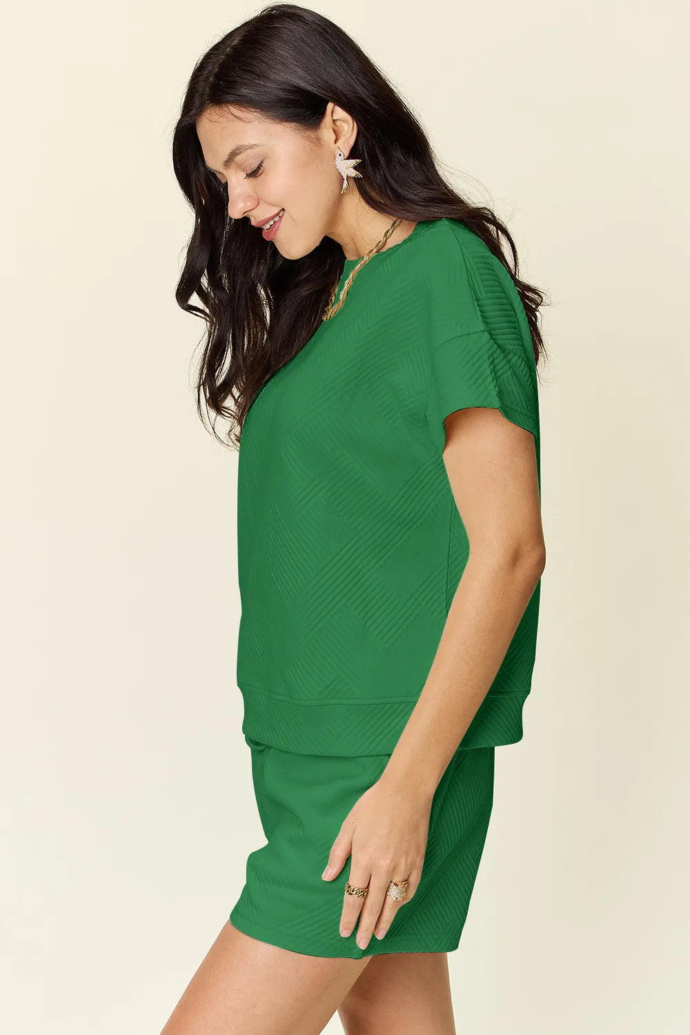 Full Size Texture T-Shirt and Shorts Set with Drawstring