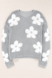 Dulce Big Flower Hollowed Knit Drop Shoulder Sweater-6