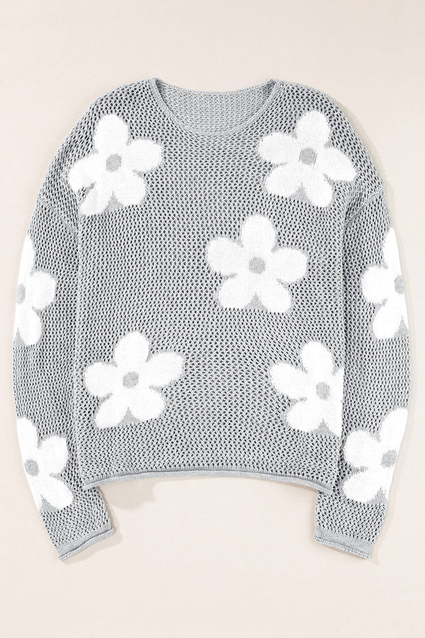 Dulce Big Flower Hollowed Knit Drop Shoulder Sweater-6