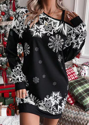 Christmas Snowflake Print Long Sleeve Sloping Shoulder Dress Women