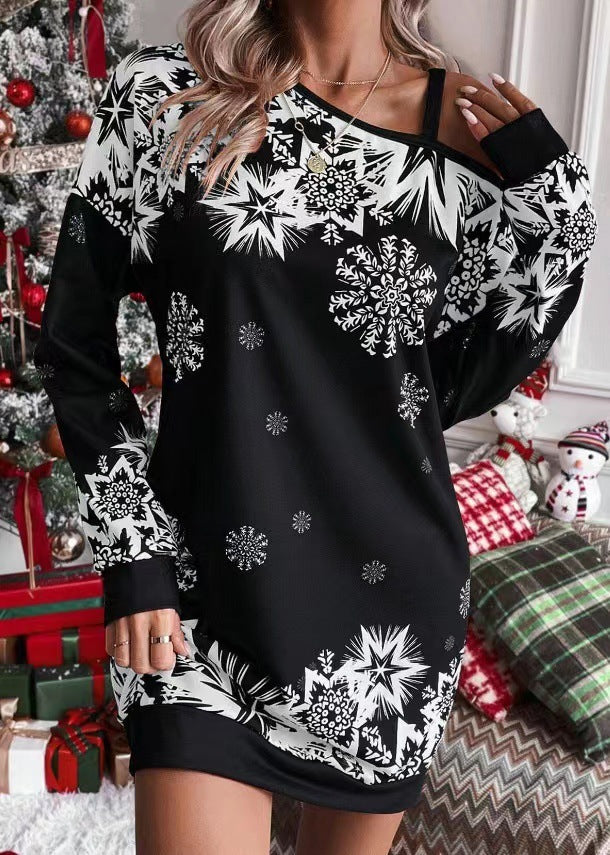 Christmas Snowflake Print Long Sleeve Sloping Shoulder Dress Women